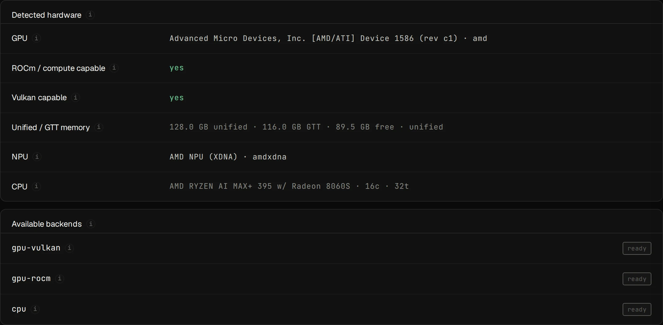 hal0: Detected hardware and backends on a Strix Halo box.