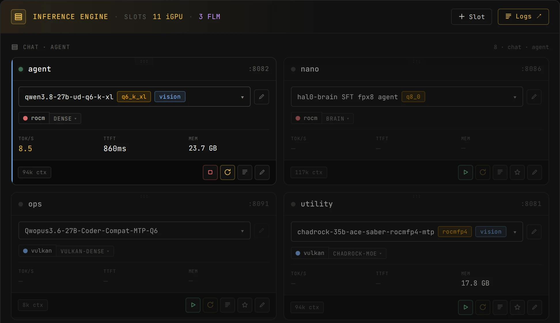 hal0: Inference slots: one model each, with its own port, runtime and live tok/s.
